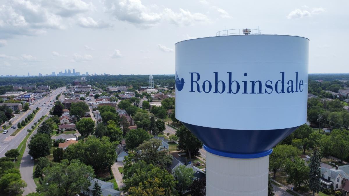 An aerial shot of the new Robbinsdale Water Tower.