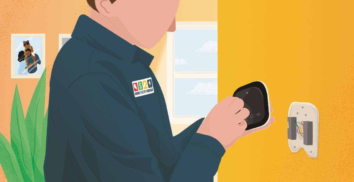 A Home Energy Squad Member installing a smart thermostat